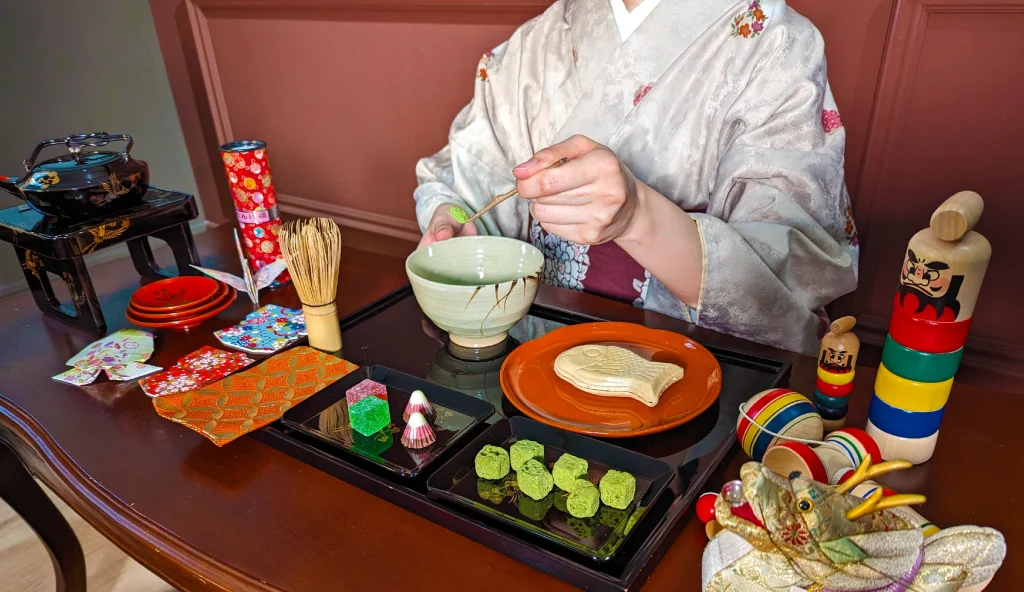 Japanese Snacks Organized on a table with green tea